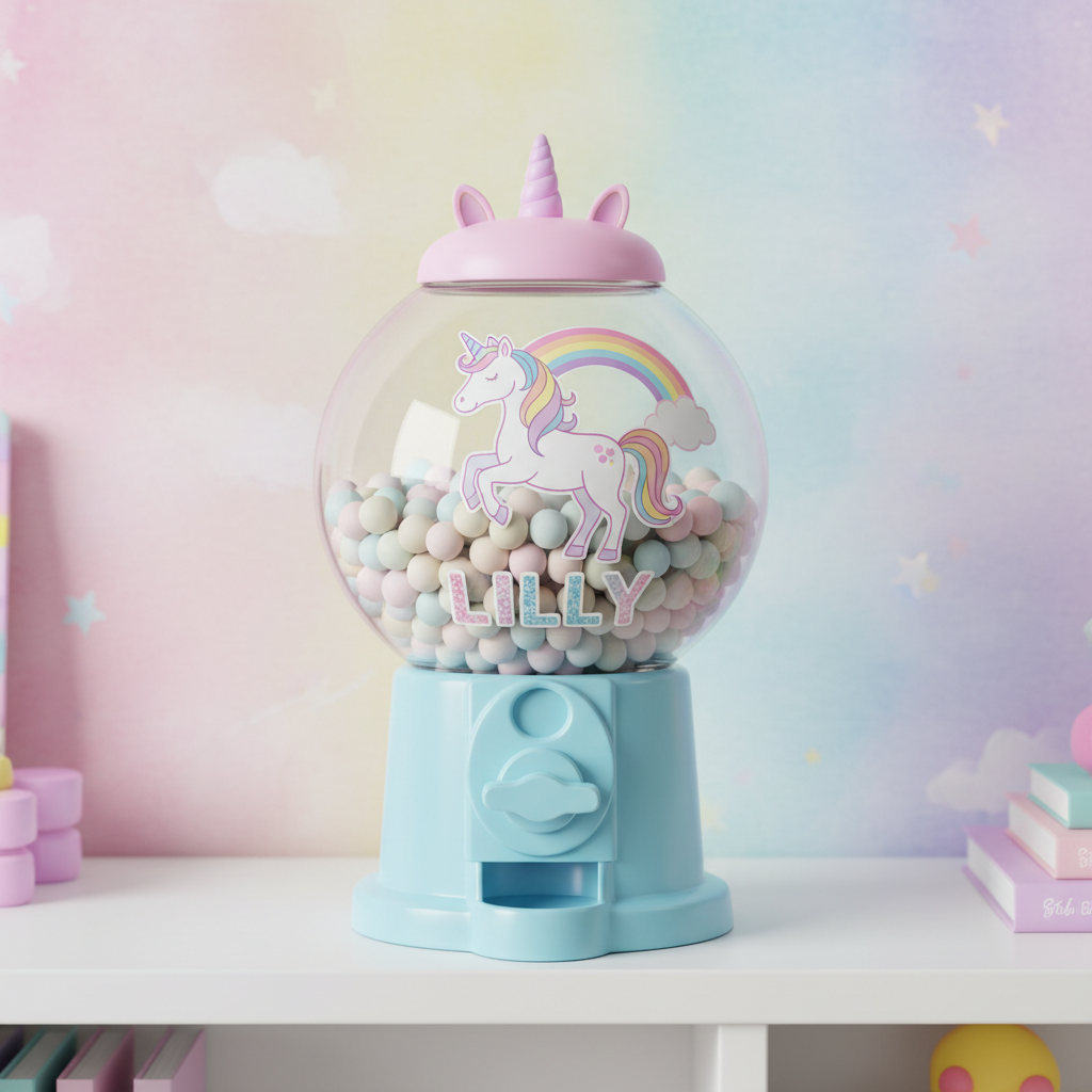 Custom unicorn rainbow themed gumball machine candy dish