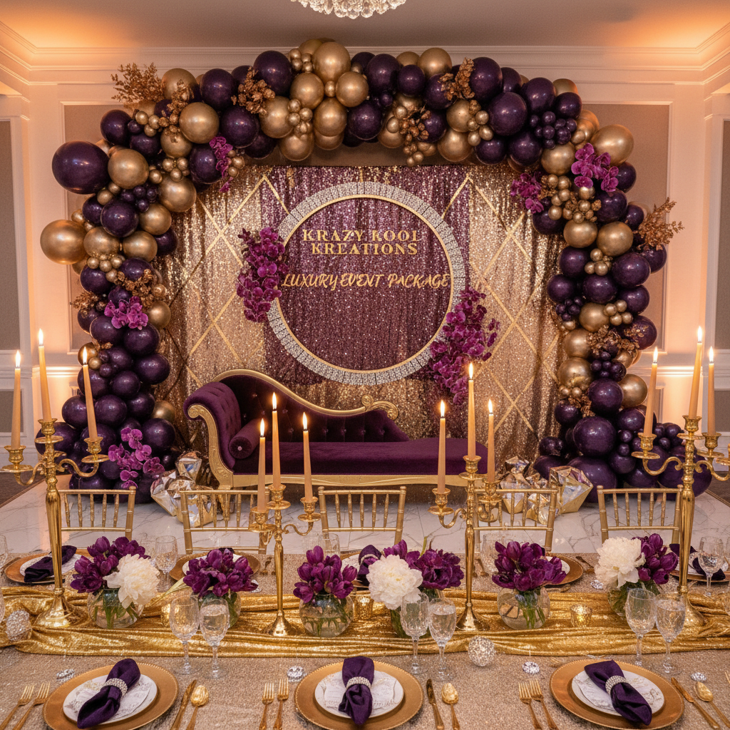 Krazy Kool Luxury Event Package with premium balloon installations and glam photo area