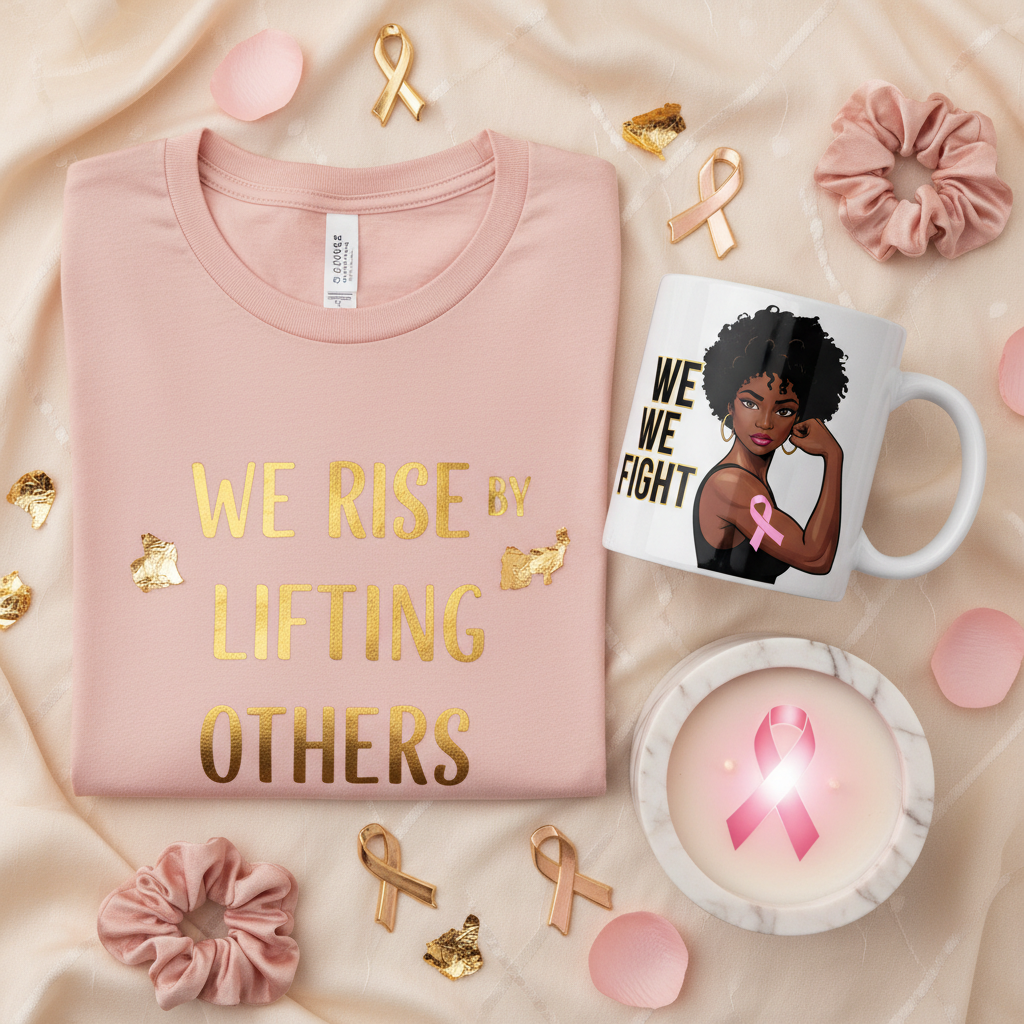 We Rise We Fight breast cancer awareness gift set with t-shirt, mug, and candle