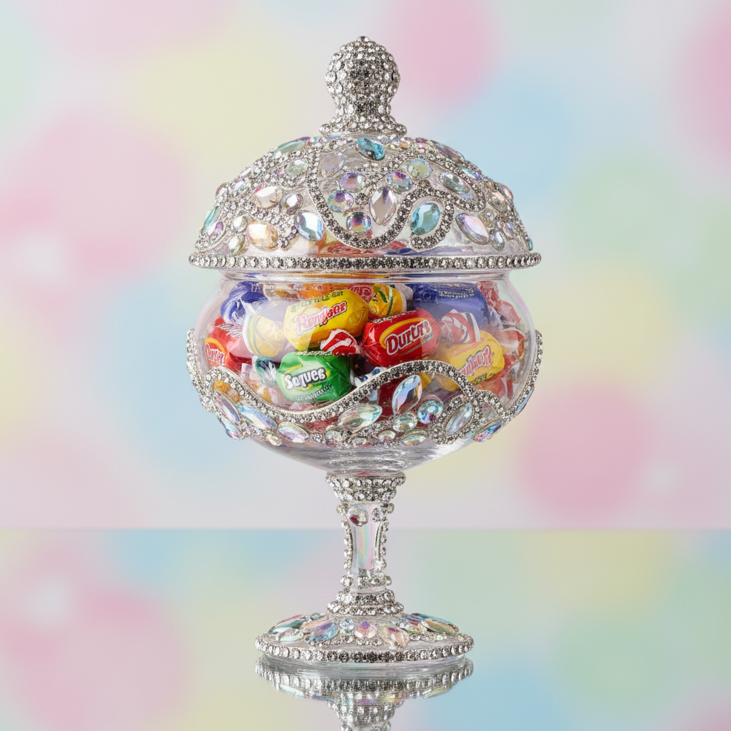 Custom bedazzled stemmed glass candy dish with rhinestone lid, soft pastel background