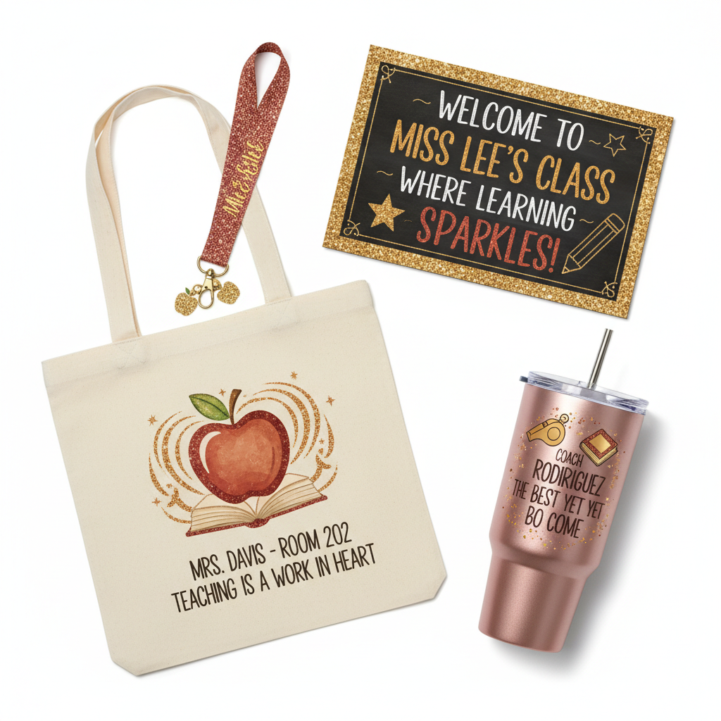 Personalized teacher gift set including custom tote bag, lanyard, classroom sign, and name tumbler